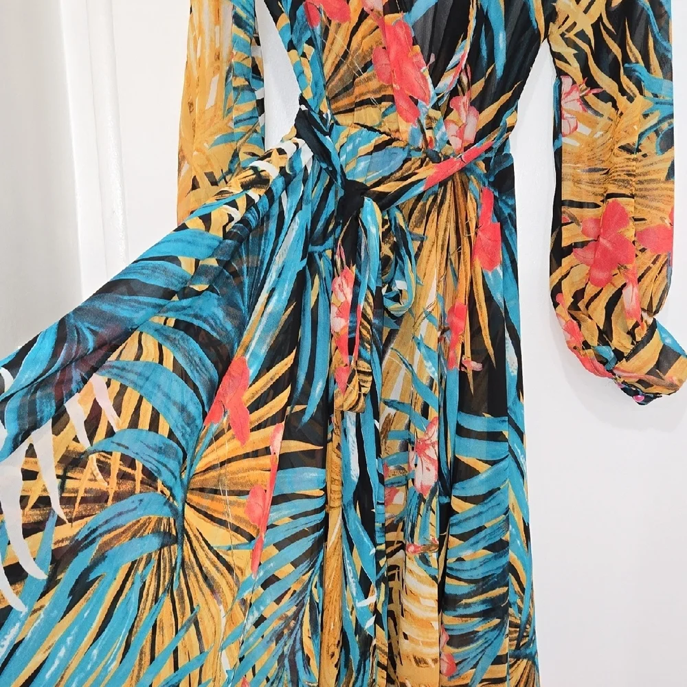 Vibrant Long Sleeve Tropical Sheer Plunging Neck Maxi Dress - Picture 4 of 6